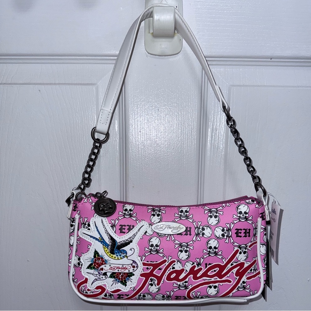 NWT Ed Hardy Pink and White Skull Shoulder Bag